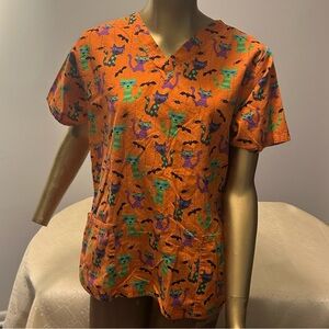 Comfy Cotton 100% Cotton Halloween Cats Bats Spiders Orange Scrub Top Sz S EUC